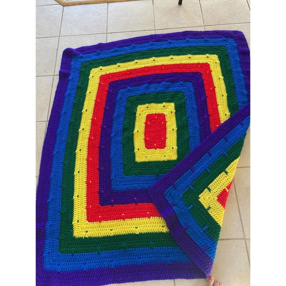Rainbow Knit Crochet Afghan Blanket Throw 45x51 Pride Granny Maximalist - Picture 4 of 4